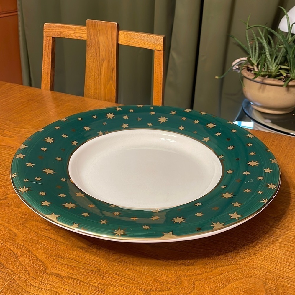 Sakura Green Galaxy 16 inch Serving Platter 18k Gold Trim and Accents Starburst